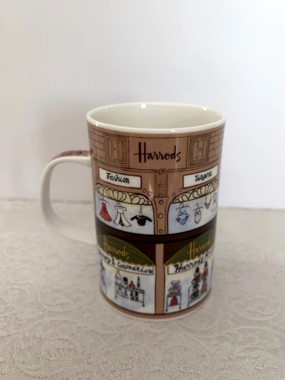 Harrods Beige and Multi-Color Decorative Ceramic Mug